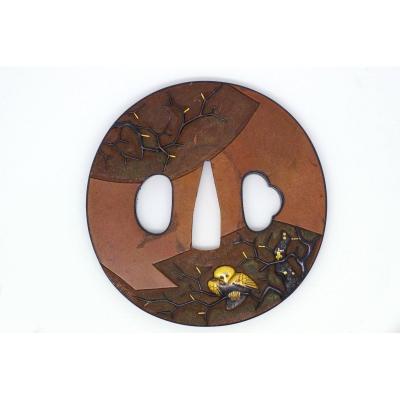 Tsuba En Cuivre, Bronze Et Or Décorée d'Oiseaux, Japon, Fin Edo