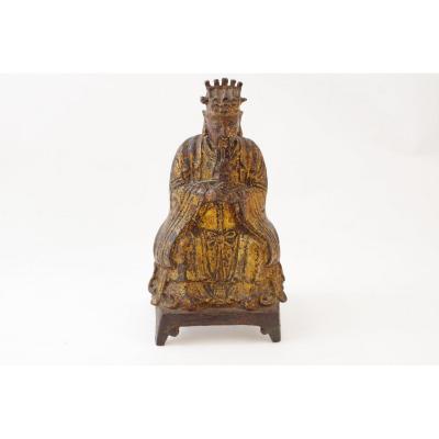 Sculpture De Dignitaire Taoïste En Bronze Laqué En Or, Chine, 17ème Siècle