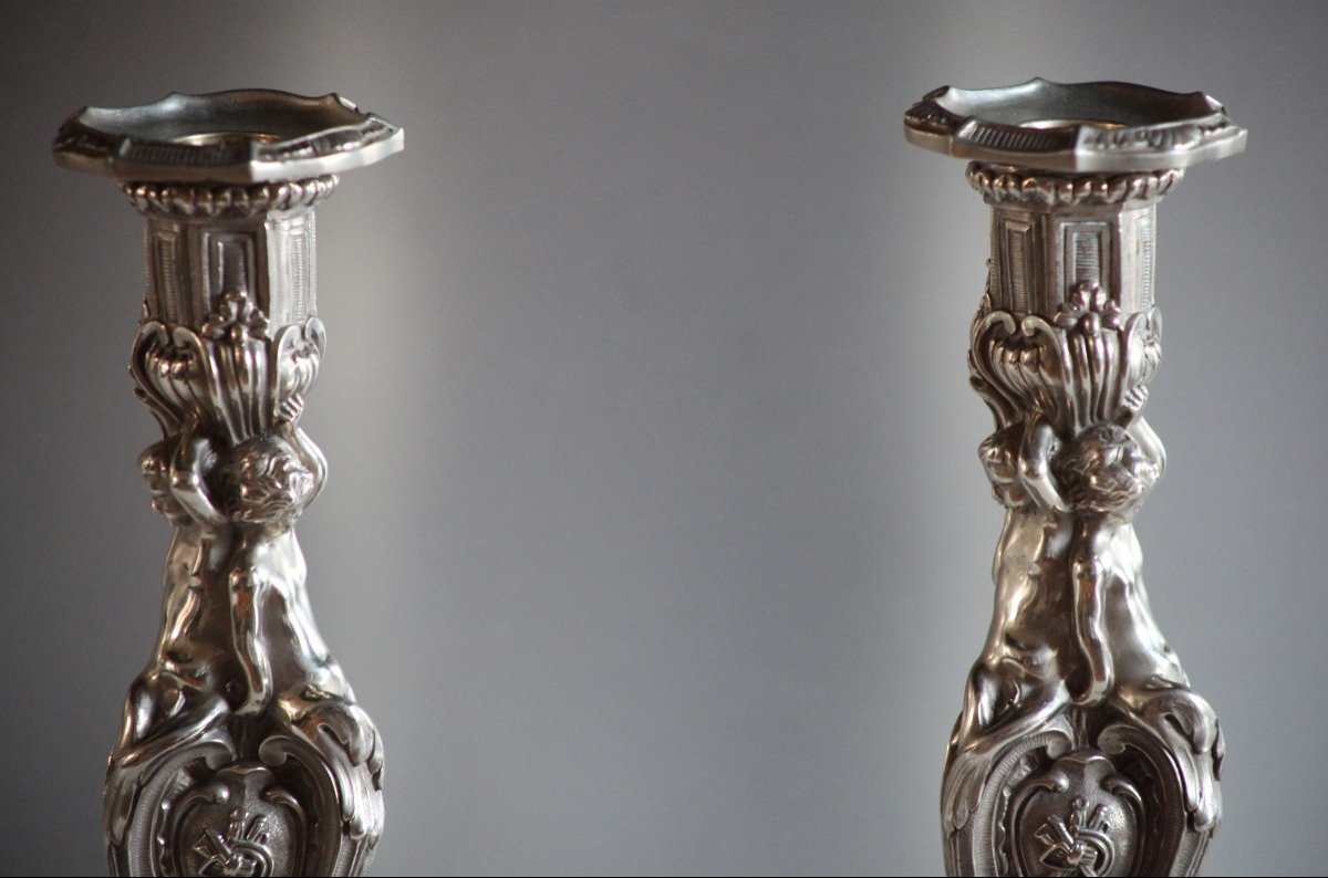 Pair Of Silver Bronze Candlesticks - After Meissonnier-photo-3