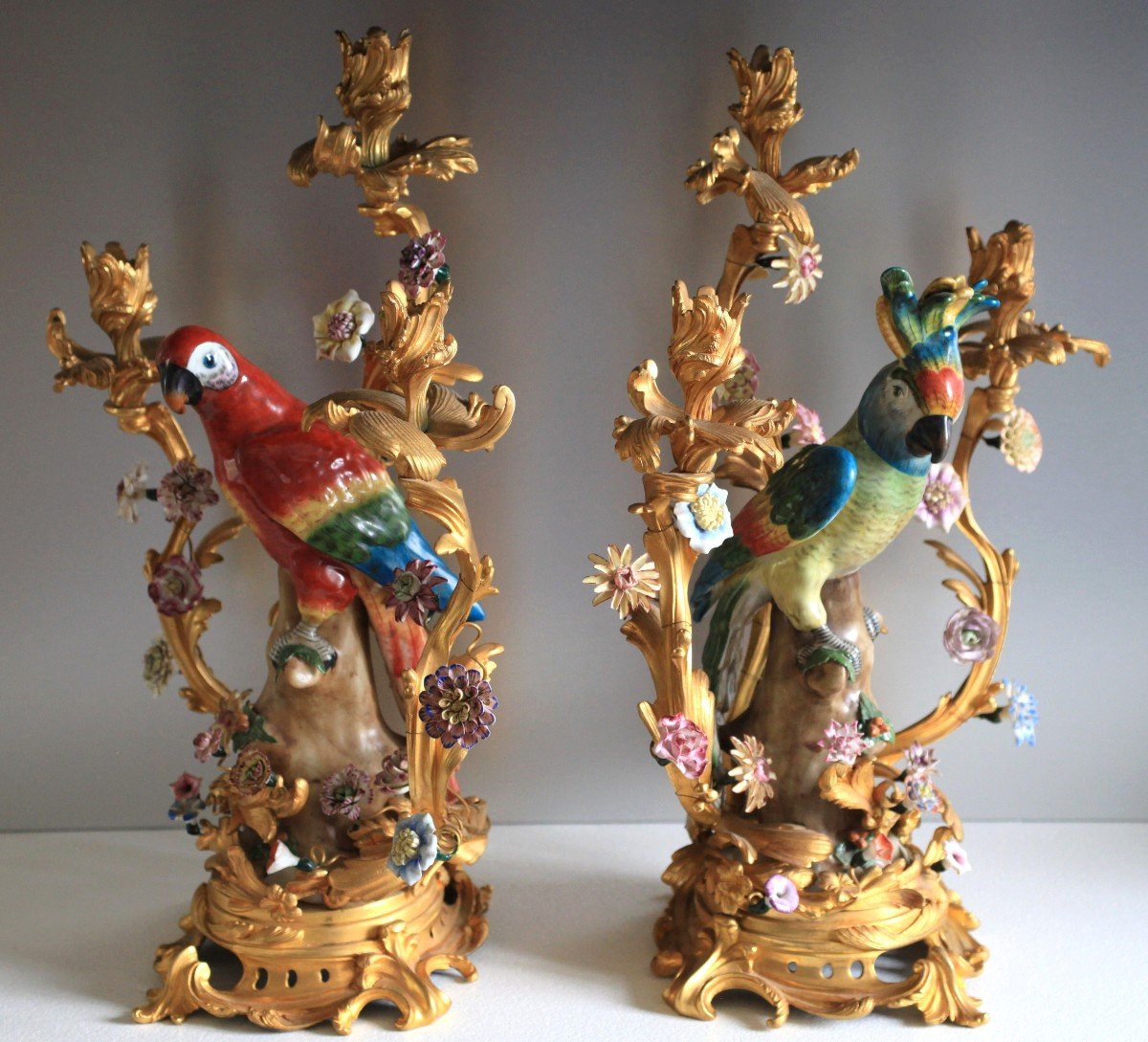 Pair Of Candelabra - Parrots In Saxony Porcelain-photo-2