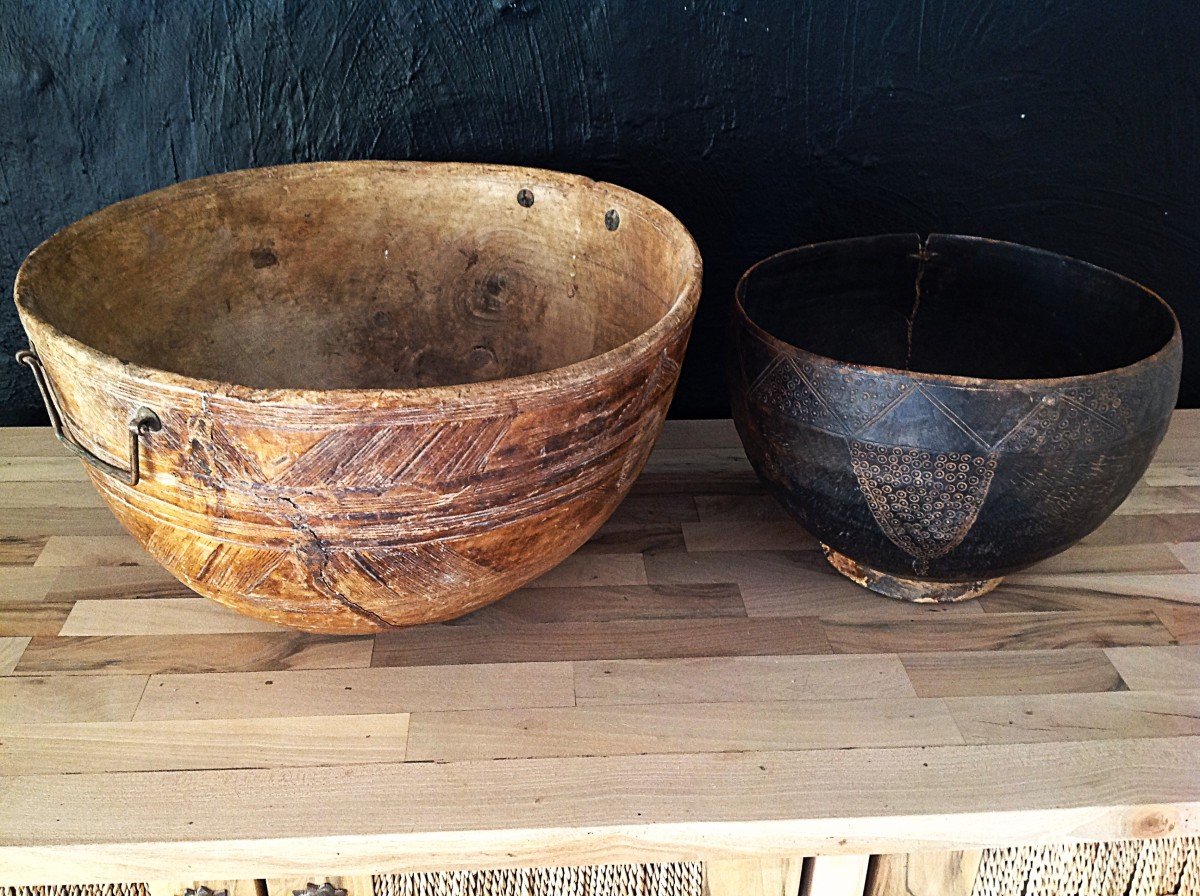 Lot Of Two Wooden Gourds, Niger.