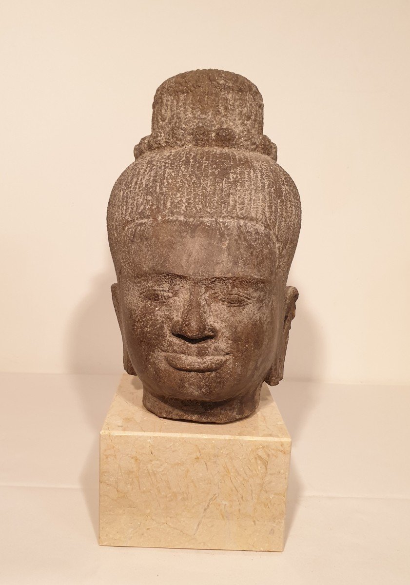 Art Khmer (cambodge) - Tête De Divinité En Grès - 28 Cm-photo-3