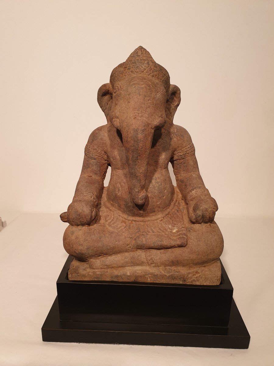 Khmer Art (cambodia) - Seated Ganesh In Sandstone - 31 Cm-photo-2