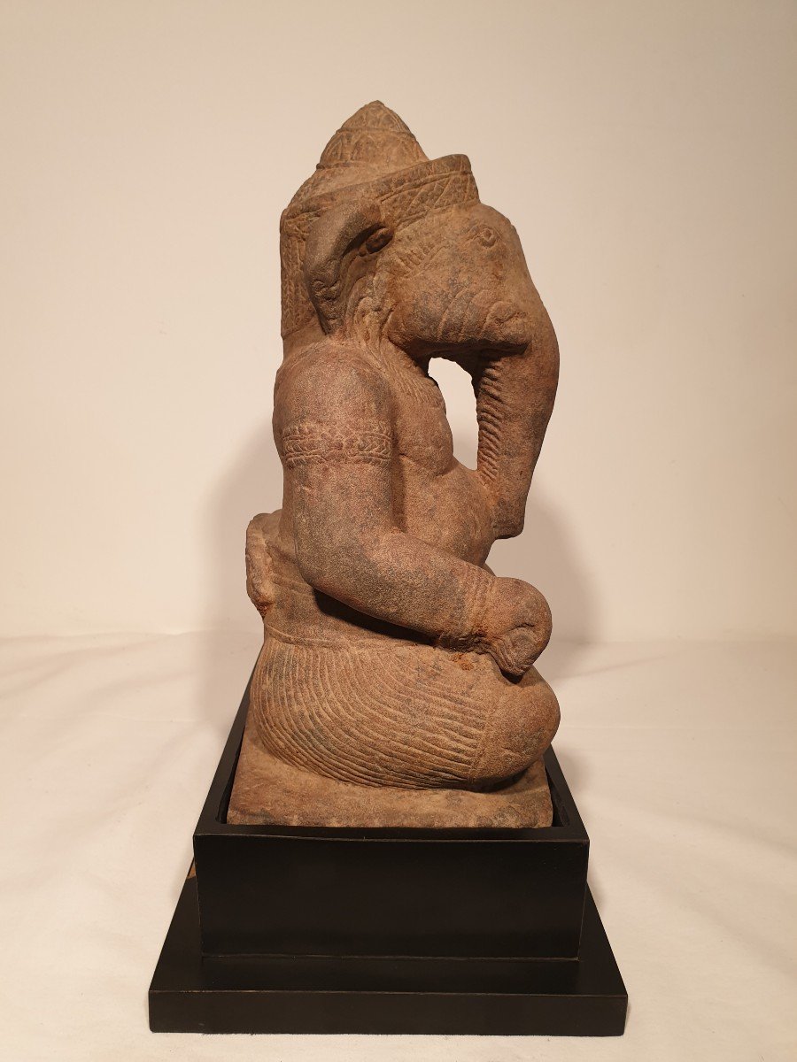 Khmer Art (cambodia) - Seated Ganesh In Sandstone - 31 Cm-photo-3