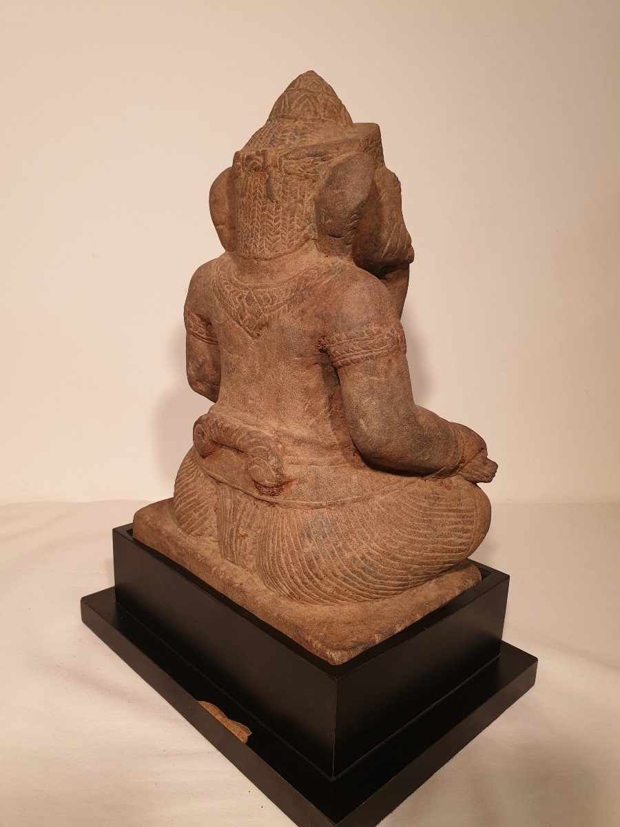 Khmer Art (cambodia) - Seated Ganesh In Sandstone - 31 Cm-photo-4