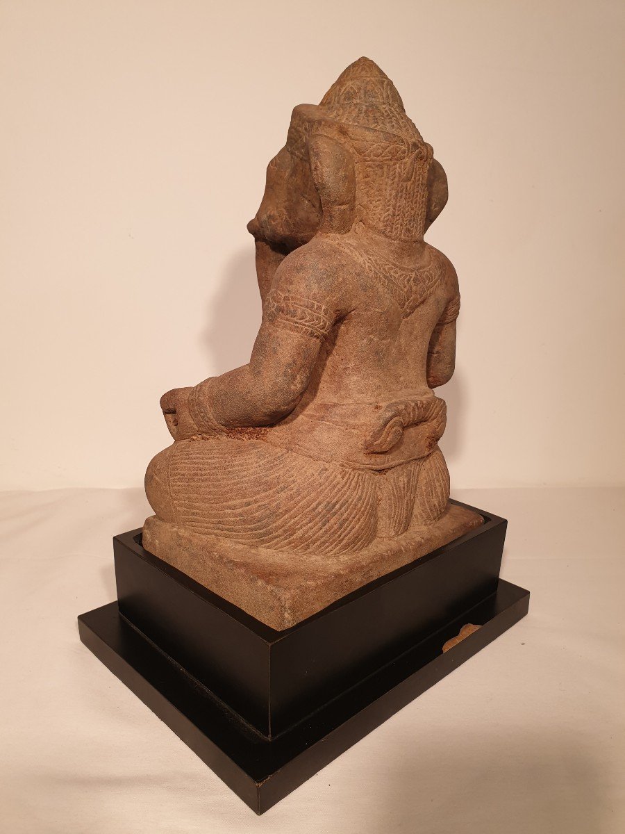 Khmer Art (cambodia) - Seated Ganesh In Sandstone - 31 Cm-photo-2