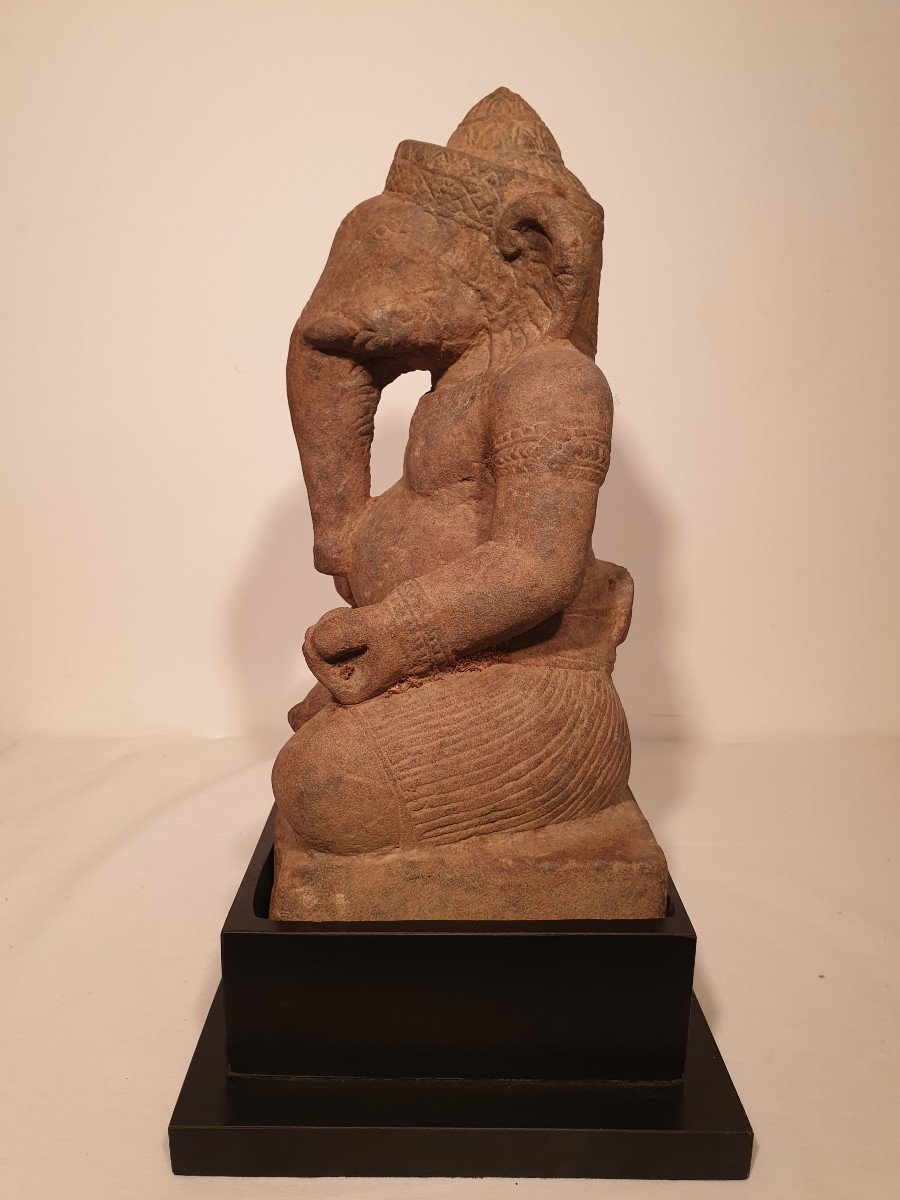 Khmer Art (cambodia) - Seated Ganesh In Sandstone - 31 Cm-photo-3