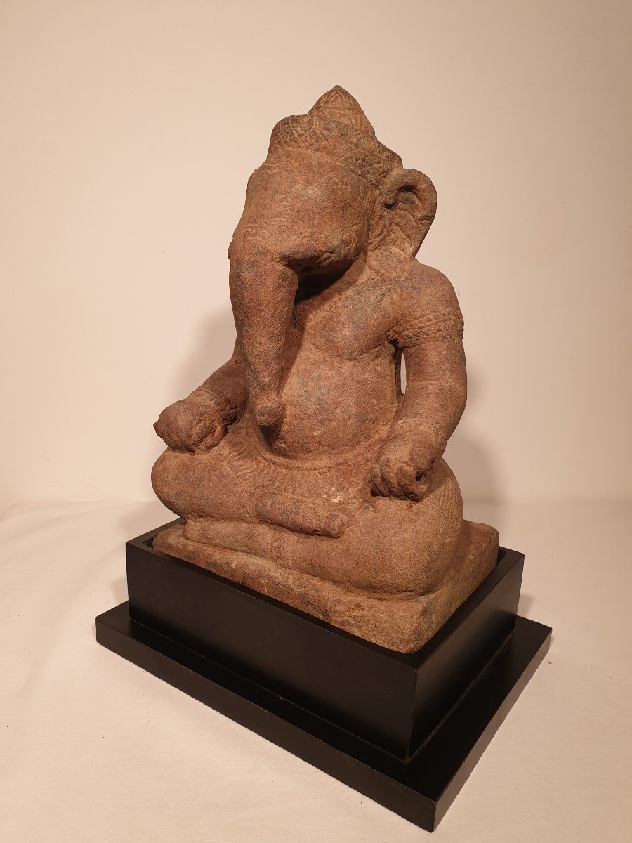 Khmer Art (cambodia) - Seated Ganesh In Sandstone - 31 Cm-photo-4