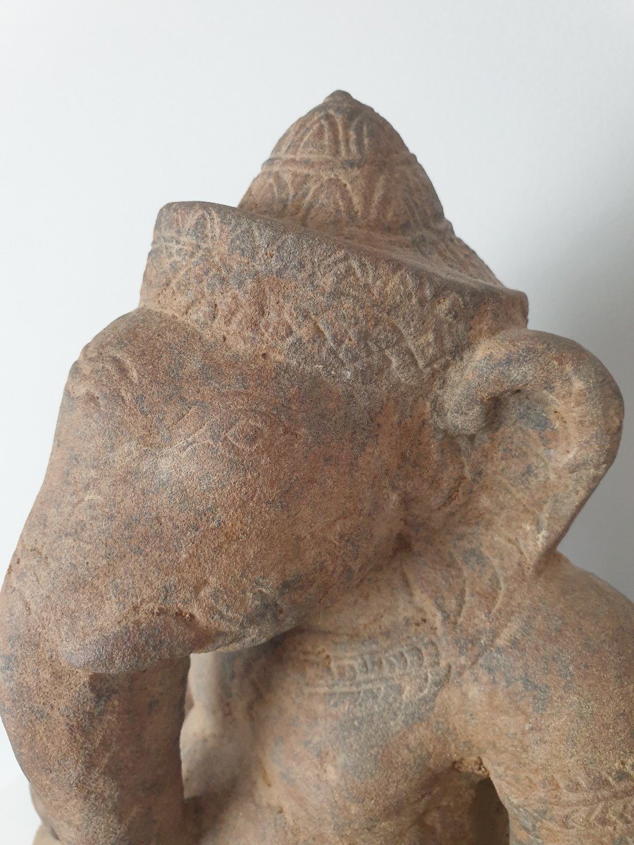 Khmer Art (cambodia) - Seated Ganesh In Sandstone - 31 Cm-photo-6