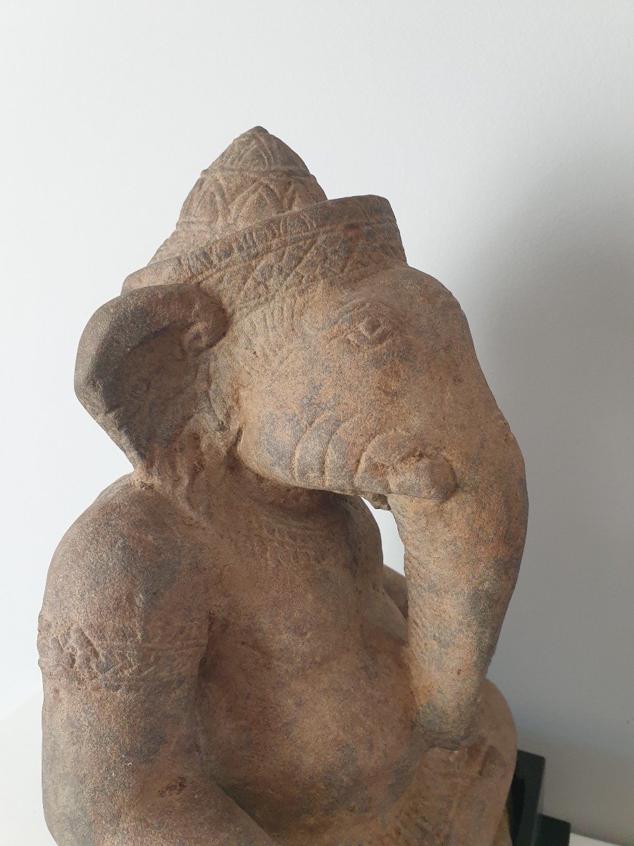 Khmer Art (cambodia) - Seated Ganesh In Sandstone - 31 Cm-photo-7