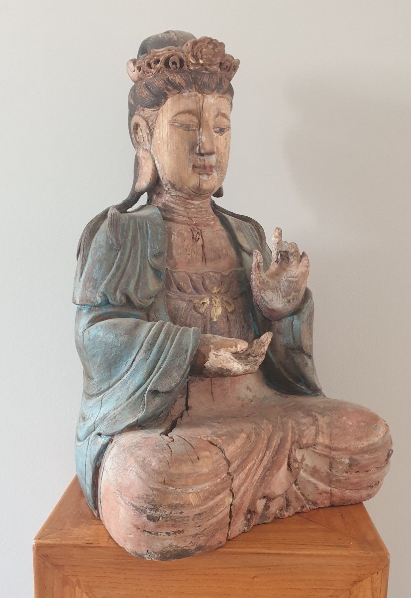 Guanyin In Polychrome Wood-photo-3