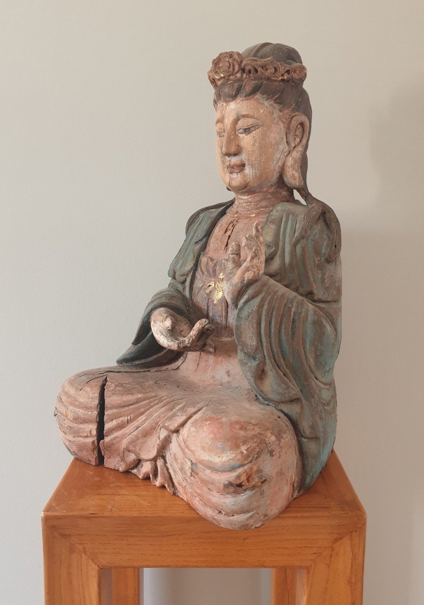 Guanyin In Polychrome Wood-photo-3