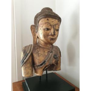 Southeast Asia - Buddha Bust In Dry Lacquer - 50 Cm