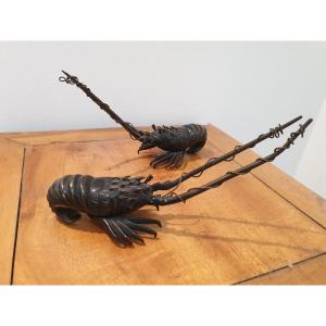 Japon - Période Meiji - Paire De Langoustes En Bronze