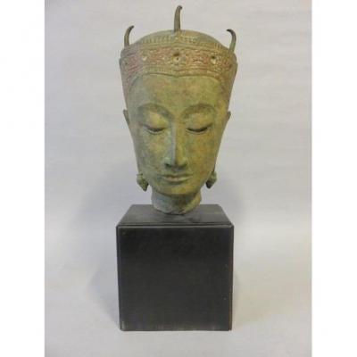 Tête De Bouddha Siam En Bronze