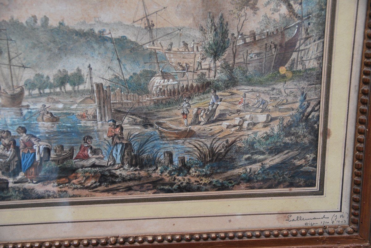 Jean Baptiste Lallemand , Aquarelle Scène De Port  école XVIII-photo-4