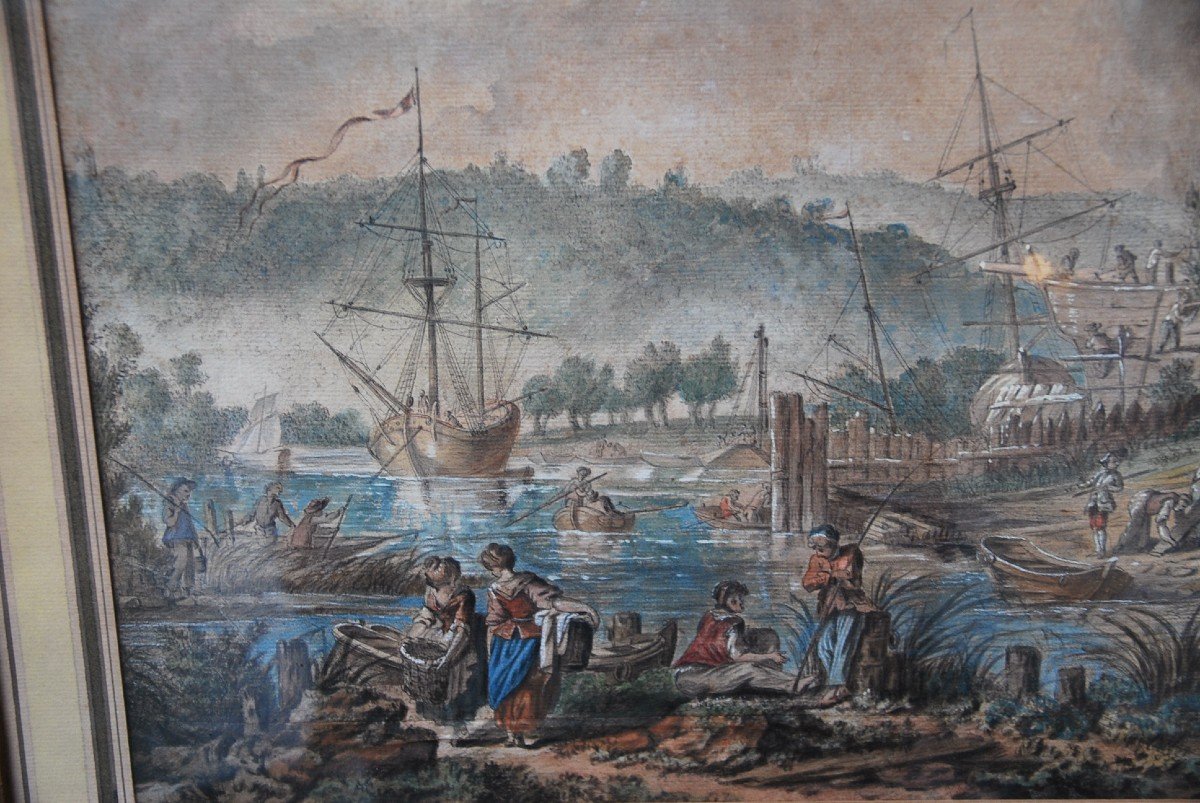 Jean Baptiste Lallemand , Aquarelle Scène De Port  école XVIII-photo-2