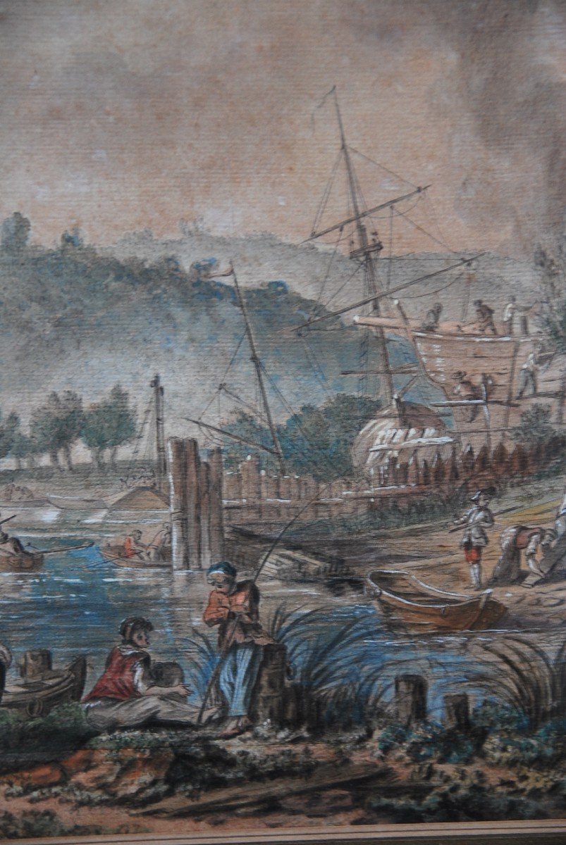 Jean Baptiste Lallemand , Aquarelle Scène De Port  école XVIII-photo-4