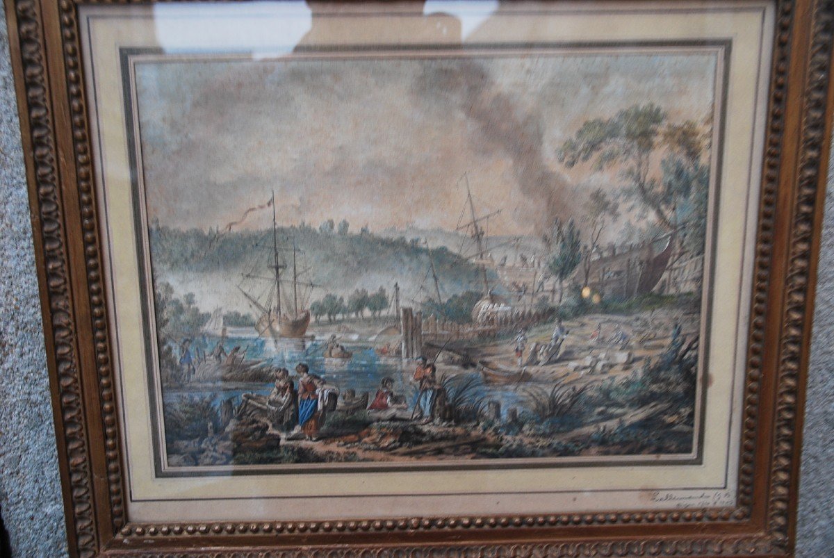 Jean Baptiste Lallemand , Aquarelle Scène De Port  école XVIII-photo-6