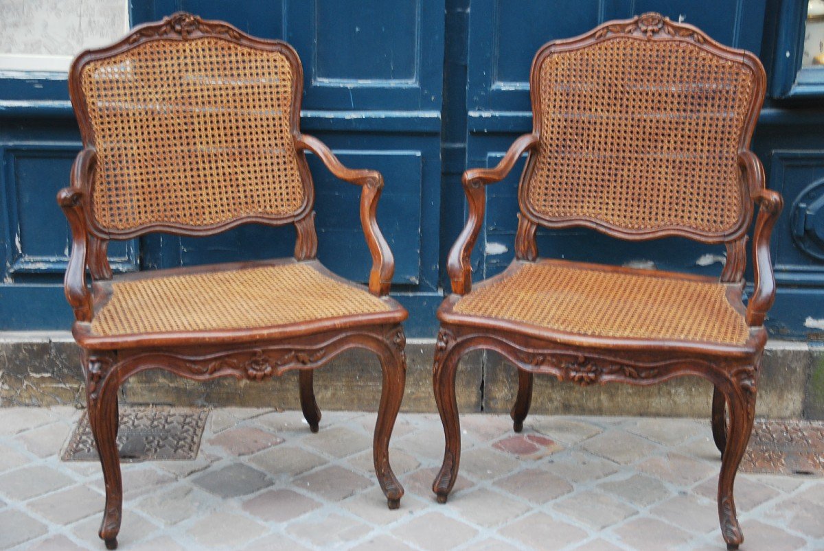 Nogaret, Pair Of Caned Armchairs D Louis XV Period From The XVIII-photo-2