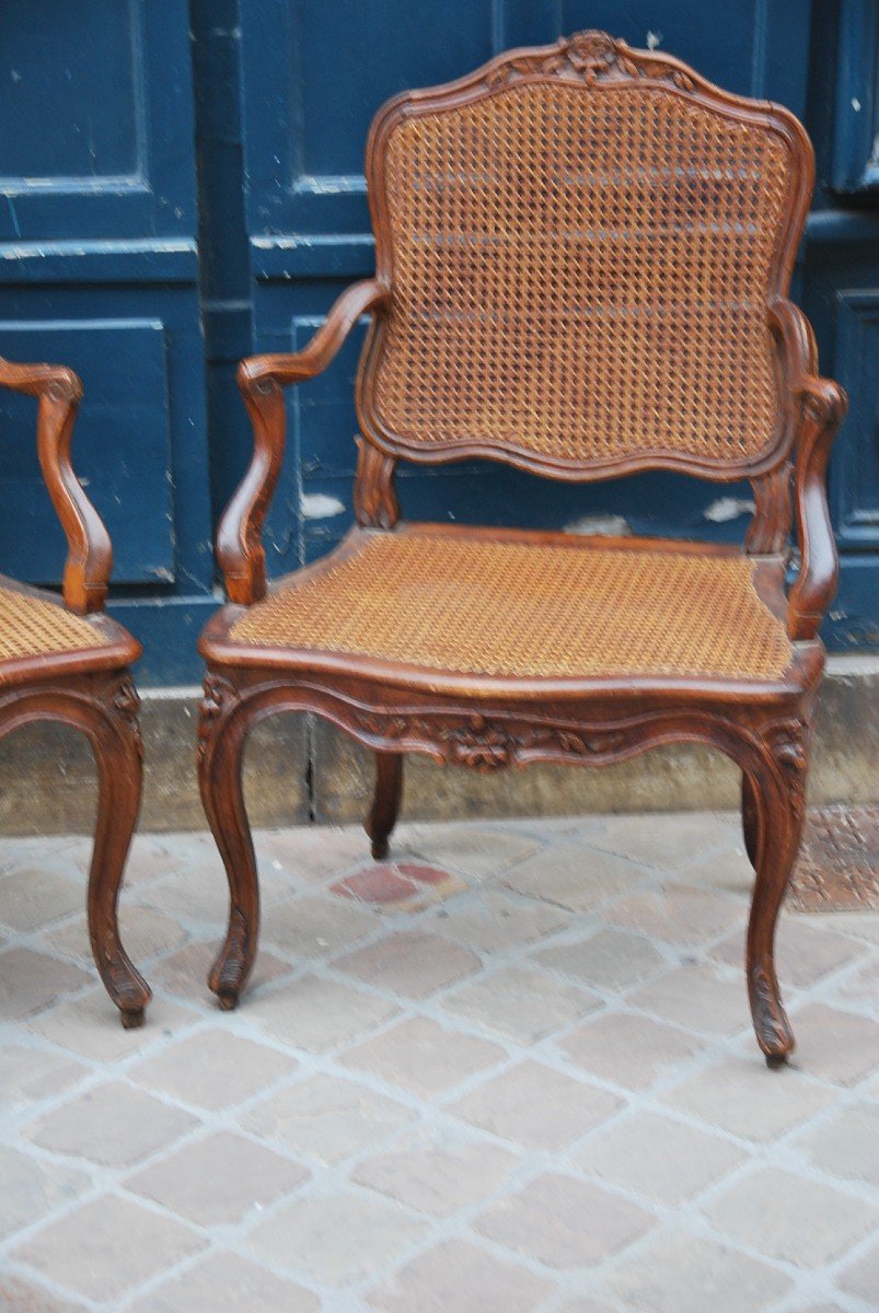 Nogaret, Pair Of Caned Armchairs D Louis XV Period From The XVIII-photo-2