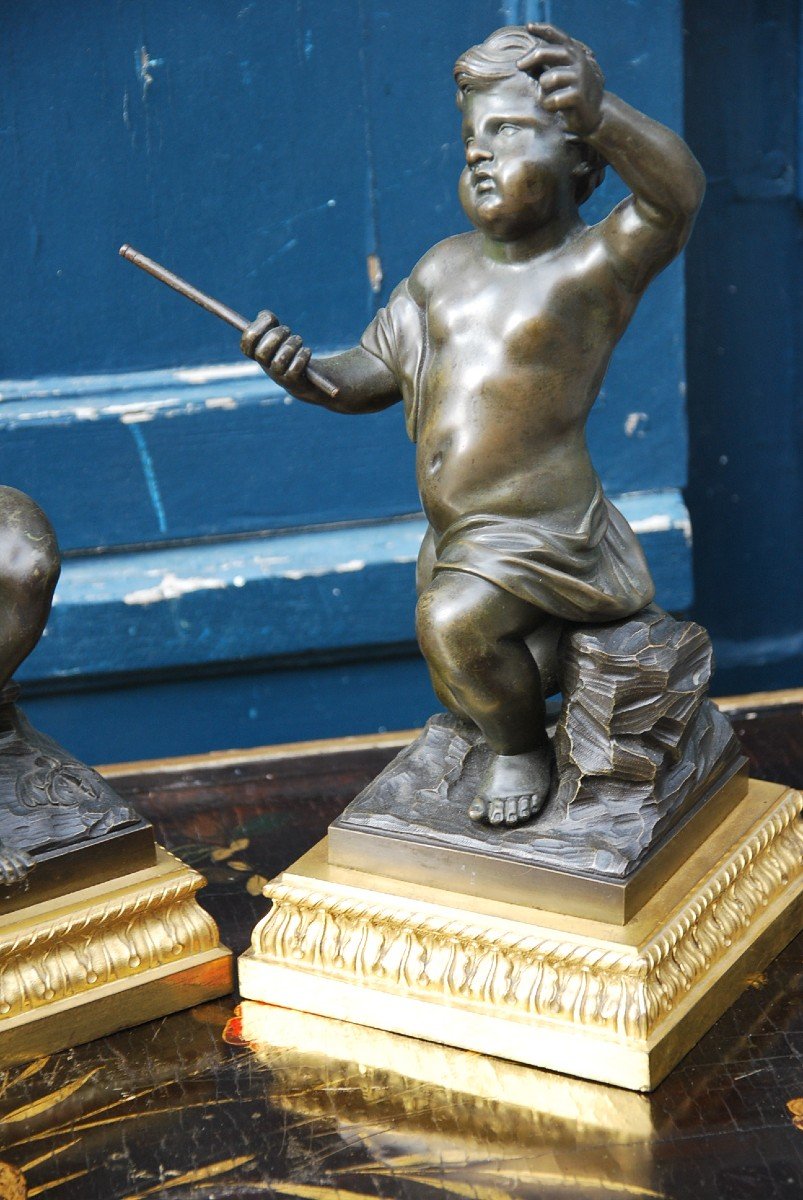 Clodion, Pair Of Child Musicians In Bronze Late XVIII-photo-4