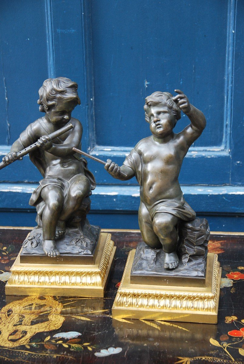 Clodion, Pair Of Child Musicians In Bronze Late XVIII-photo-6