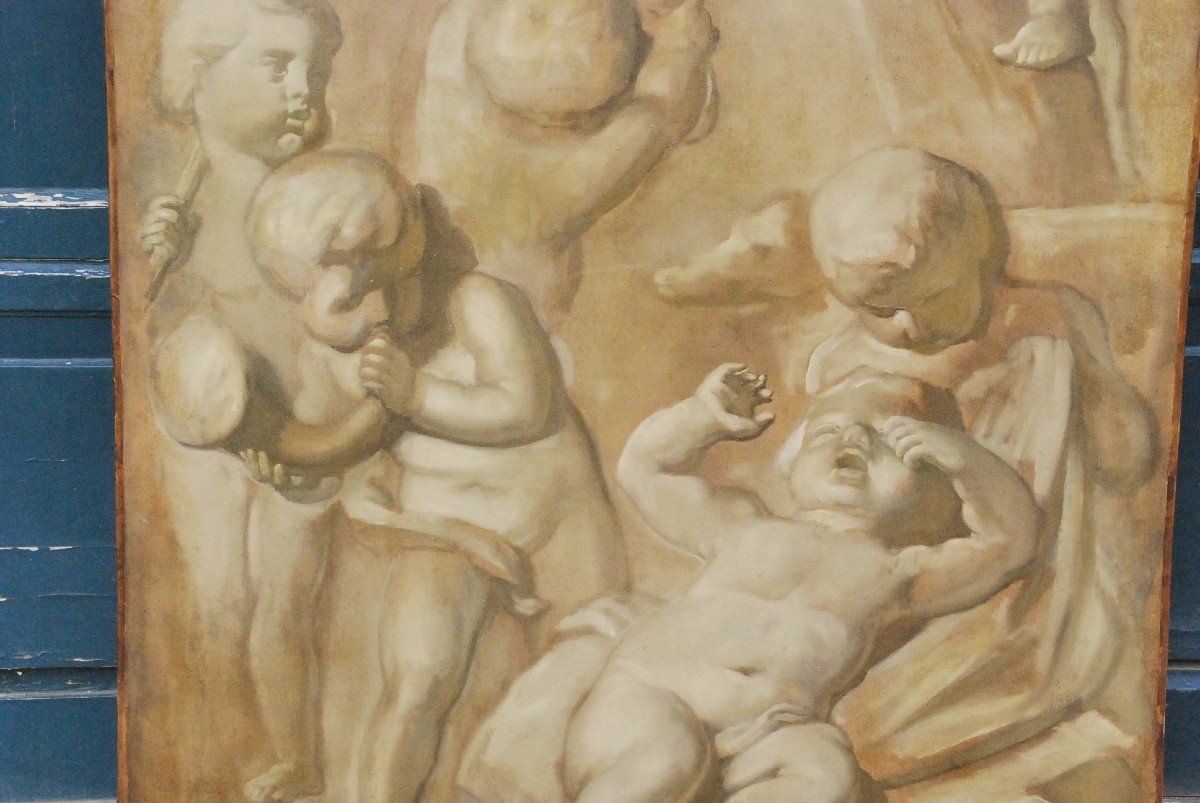 Grande Huile Sur Toile Putti En Grisaille-photo-2