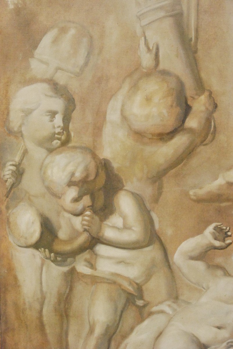 Grande Huile Sur Toile Putti En Grisaille-photo-1