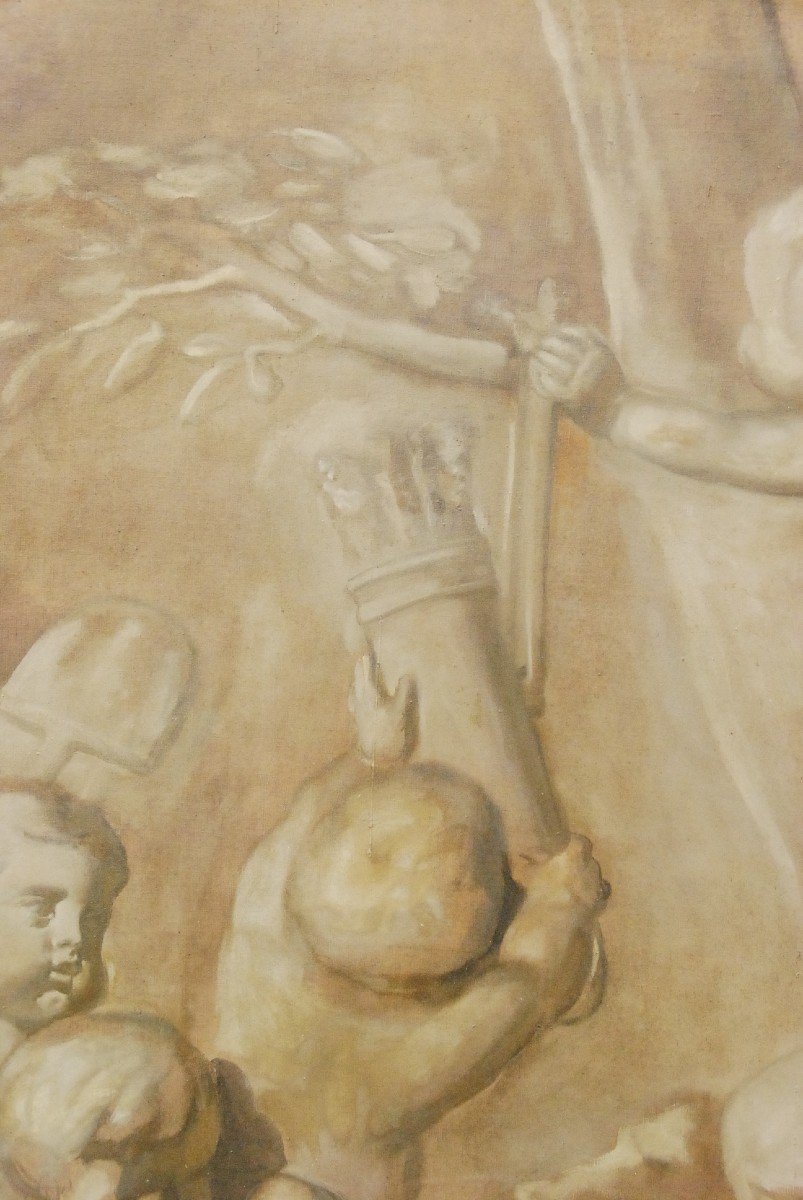 Grande Huile Sur Toile Putti En Grisaille-photo-2