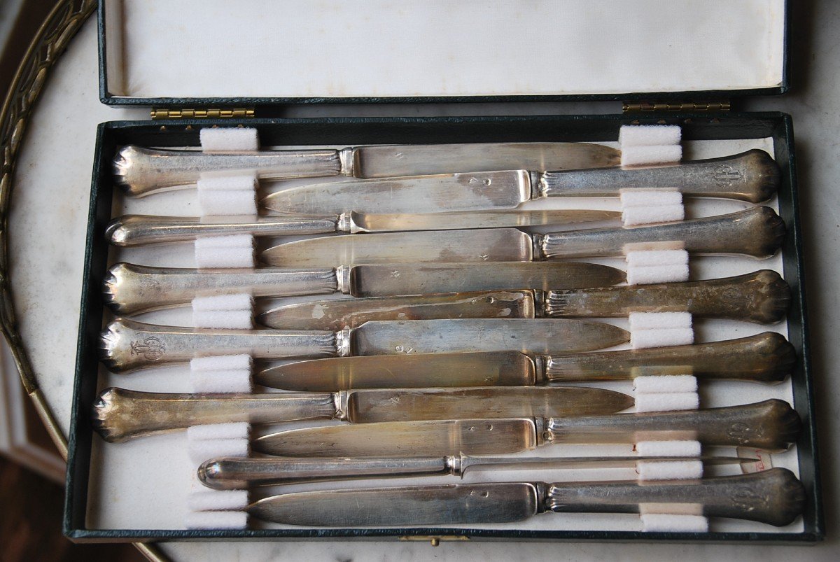 Suite Of 12 Silver Goldsmith Savary Knives-photo-2