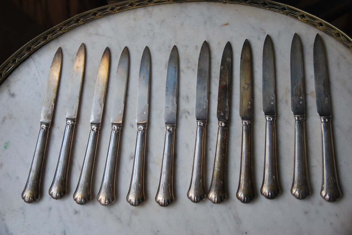 Suite Of 12 Silver Goldsmith Savary Knives-photo-3