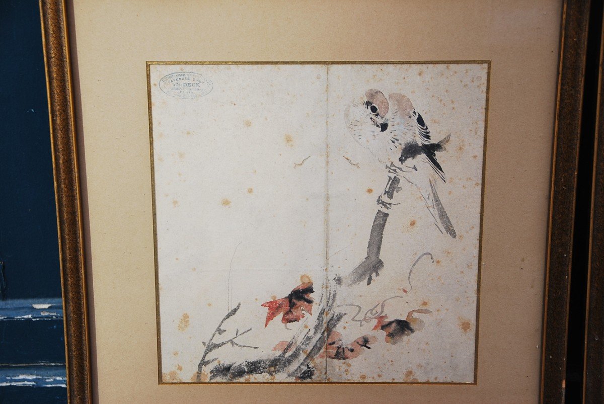 Deck, Pair Of Japanese Watercolors Flowers And Falcon-photo-4