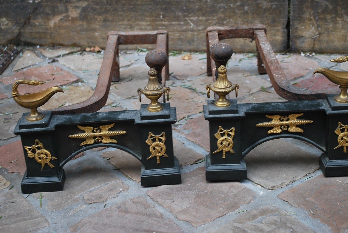 Pair Of Andirons In Black Bronze And Gold From The 19th Century-photo-2