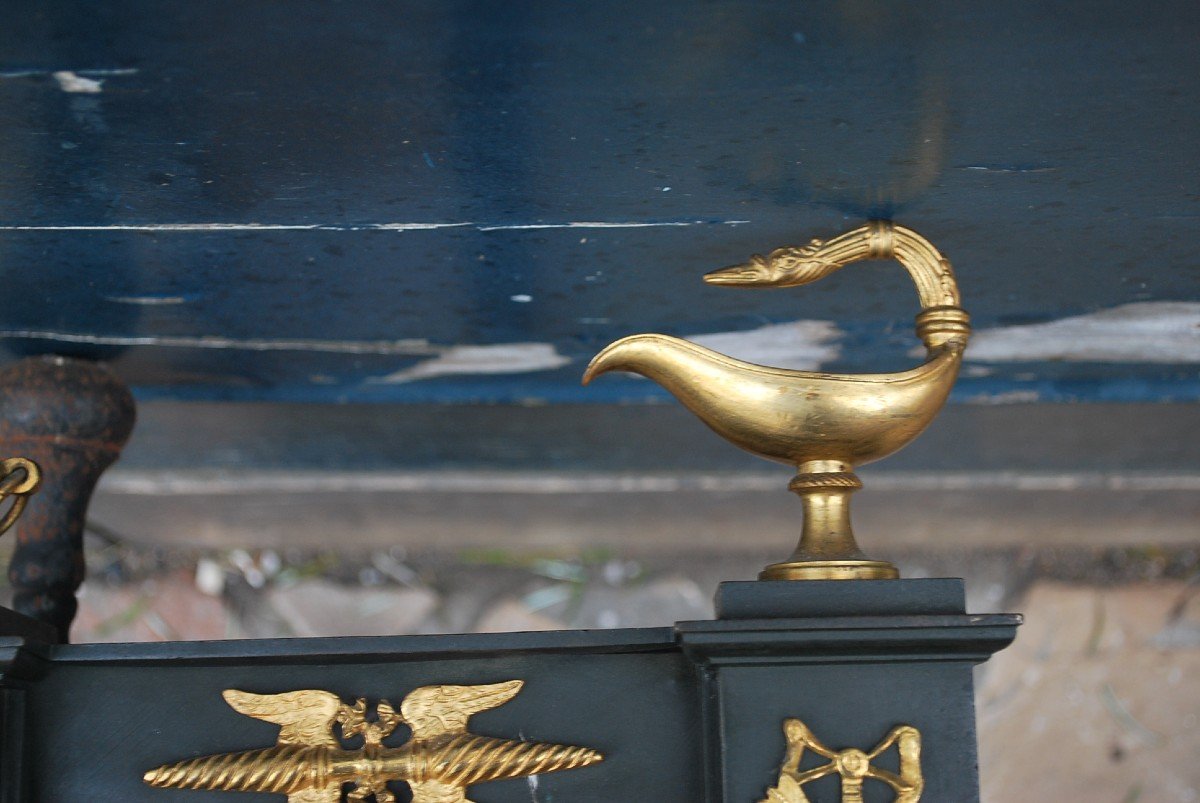 Pair Of Andirons In Black Bronze And Gold From The 19th Century-photo-4