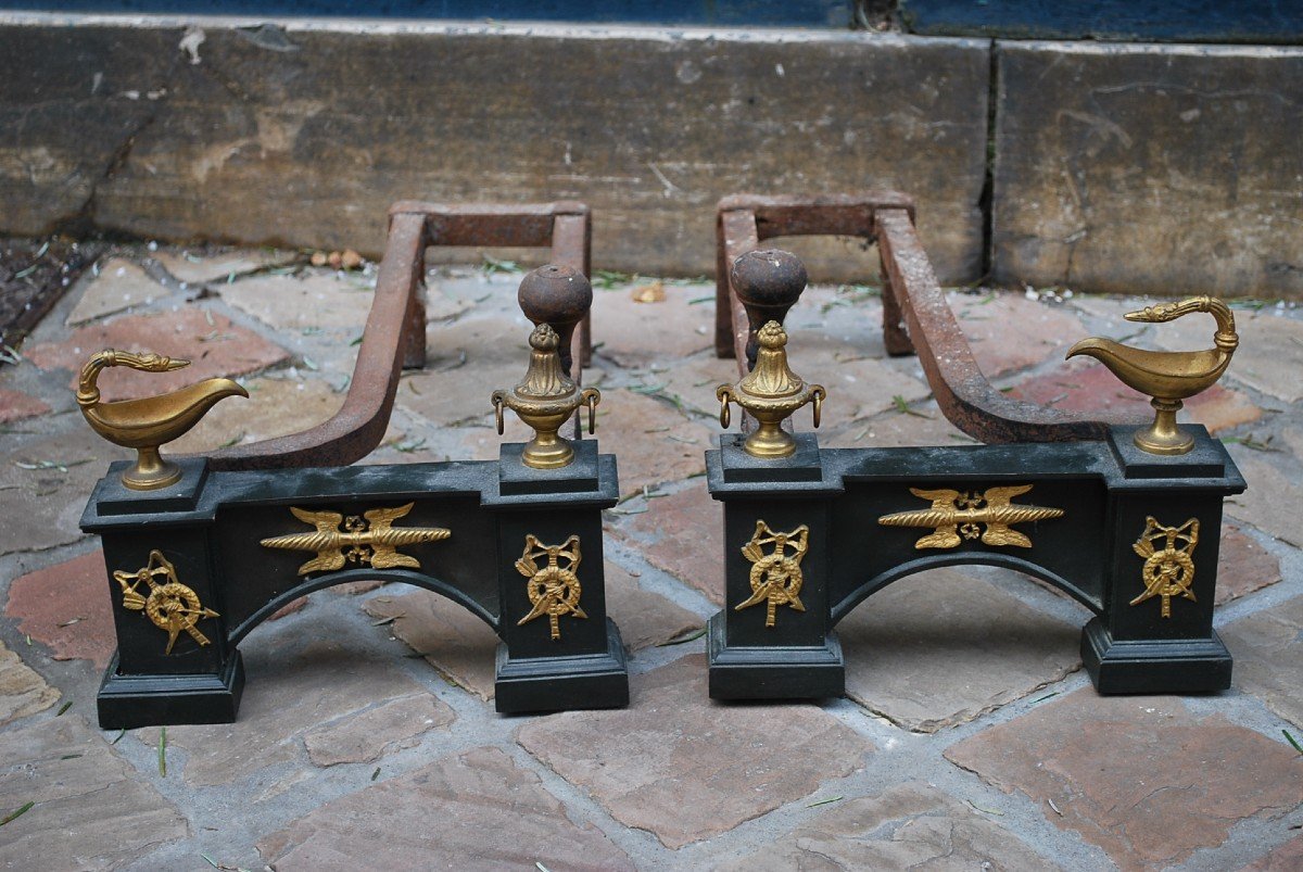 Pair Of Andirons In Black Bronze And Gold From The 19th Century