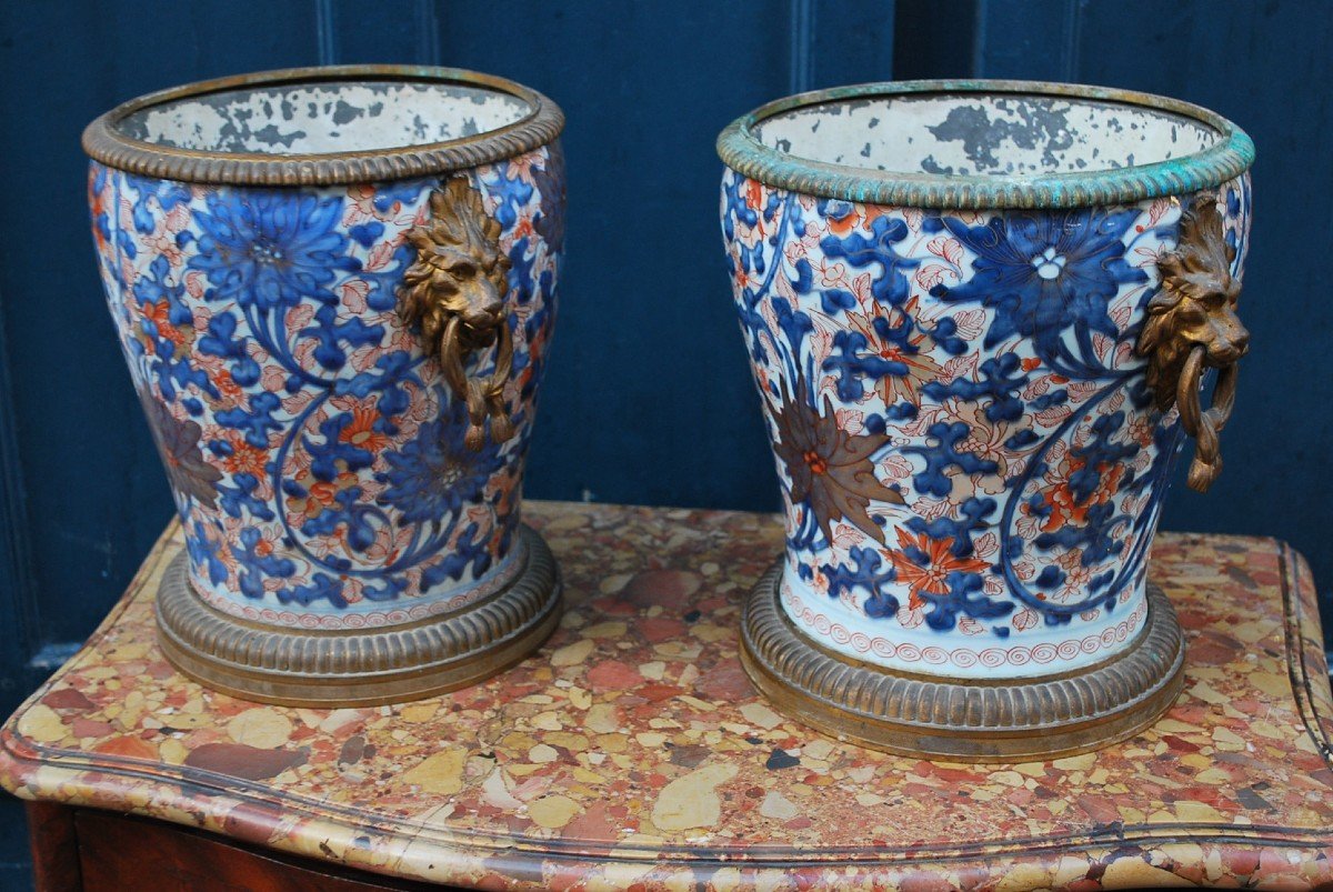 Paire De Cache Pots En Porcelaine Et Bronze XVIII-photo-2