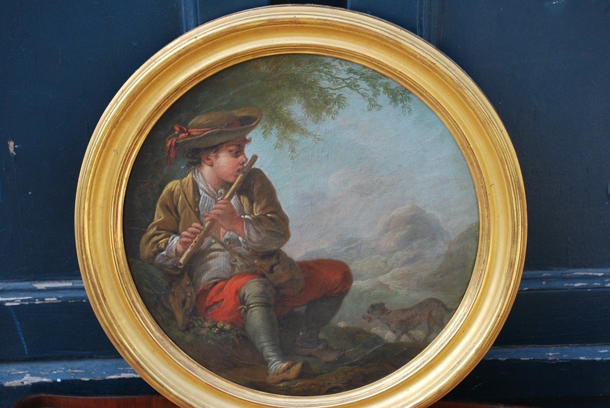 François Boucher, After Oil On Canvas Shepherd With The Flute, 18th Century School-photo-2