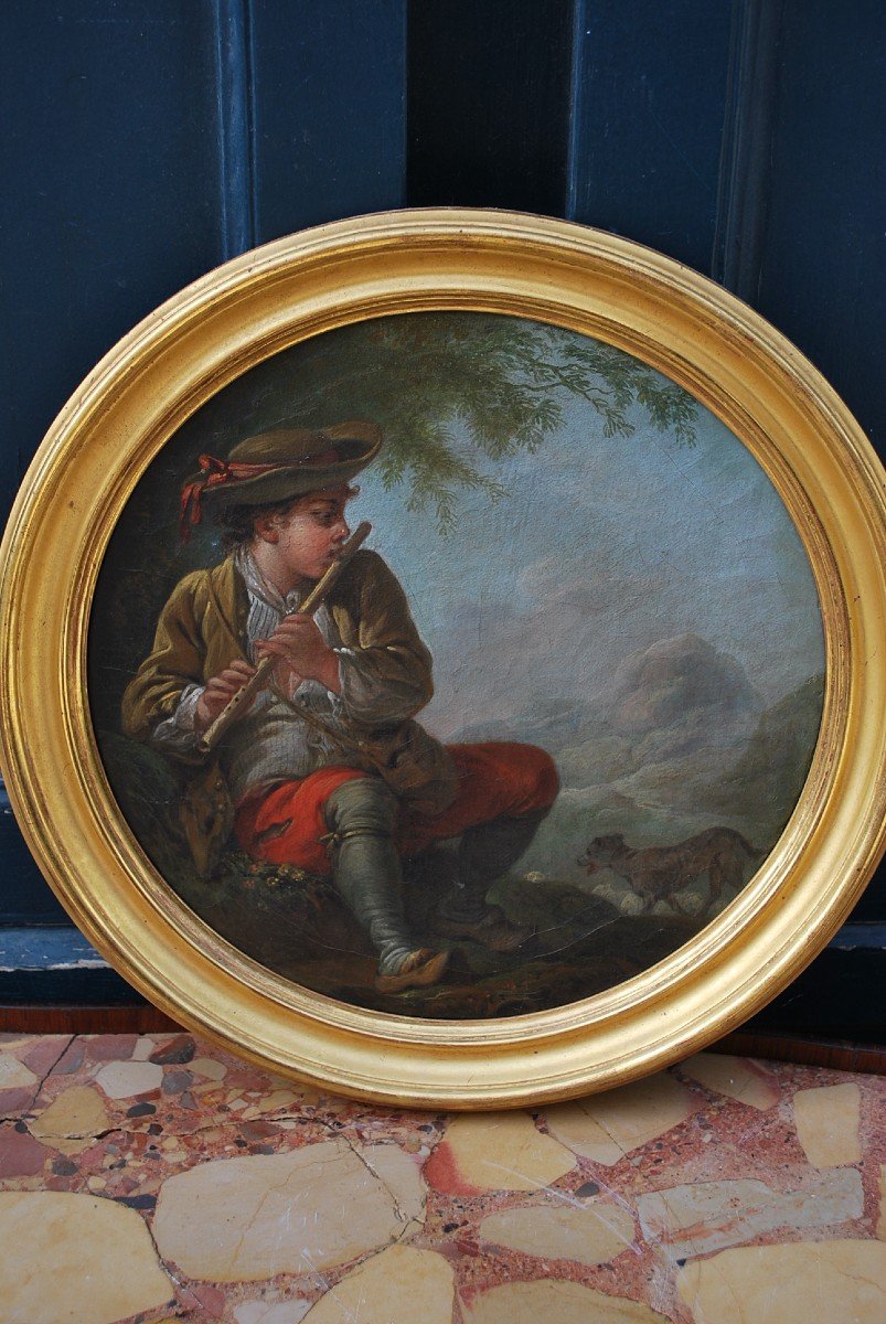 François Boucher, After Oil On Canvas Shepherd With The Flute, 18th Century School-photo-2