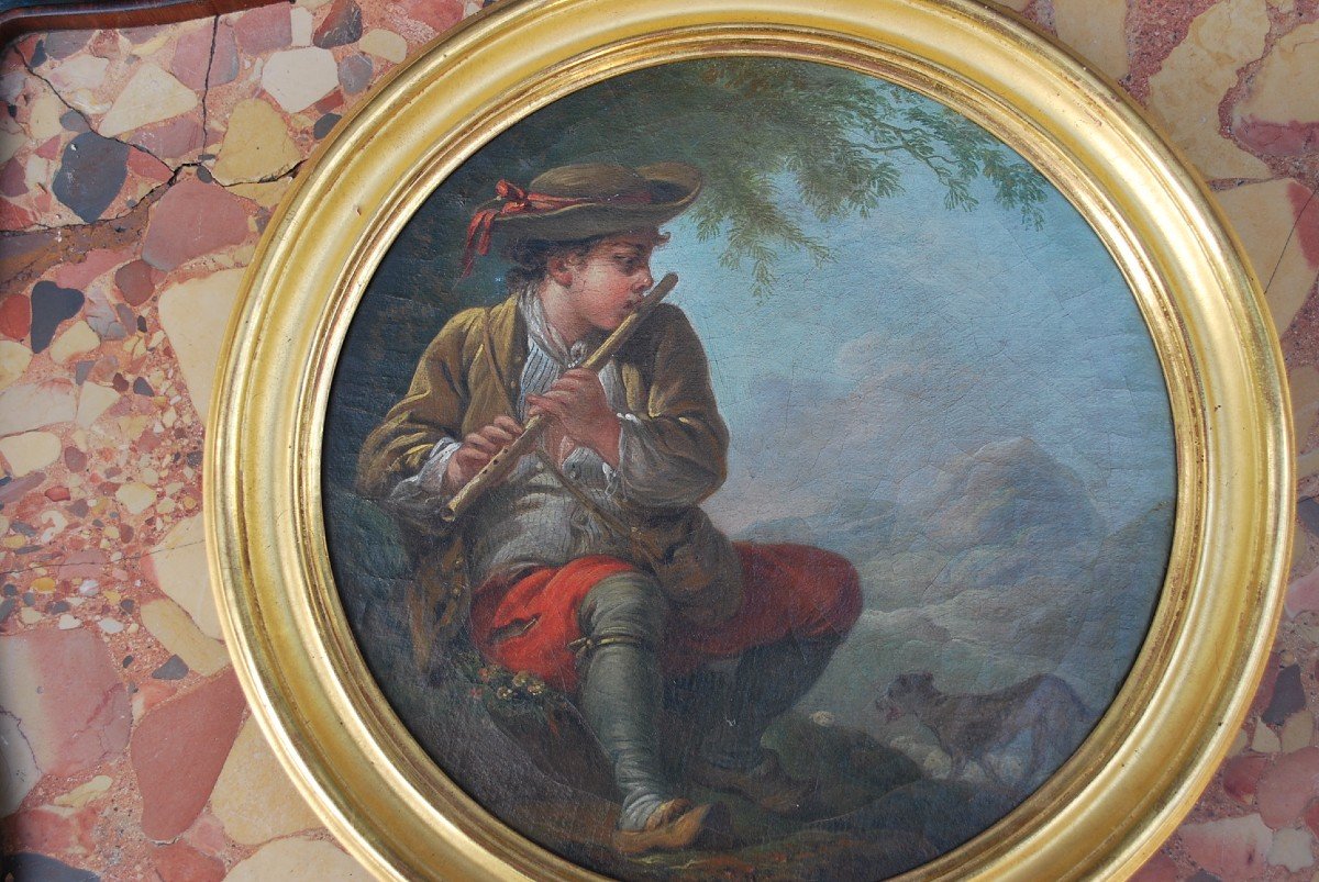 François Boucher, After Oil On Canvas Shepherd With The Flute, 18th Century School-photo-4