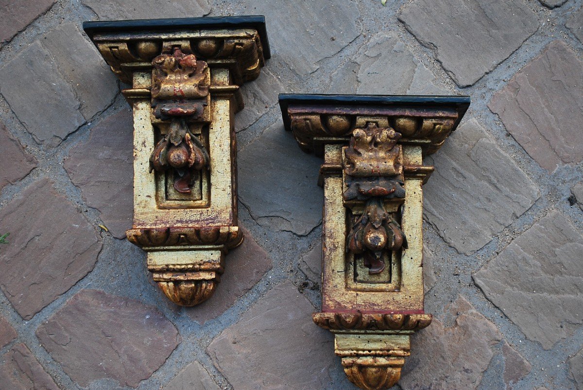 Pair Of Wall Consoles In Golden Wood Spain Early 18th Century-photo-2