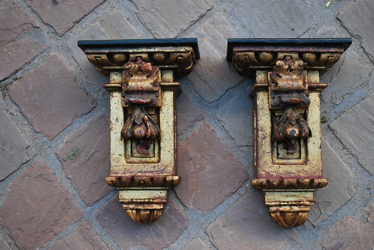 Pair Of Wall Consoles In Golden Wood Spain Early 18th Century-photo-4