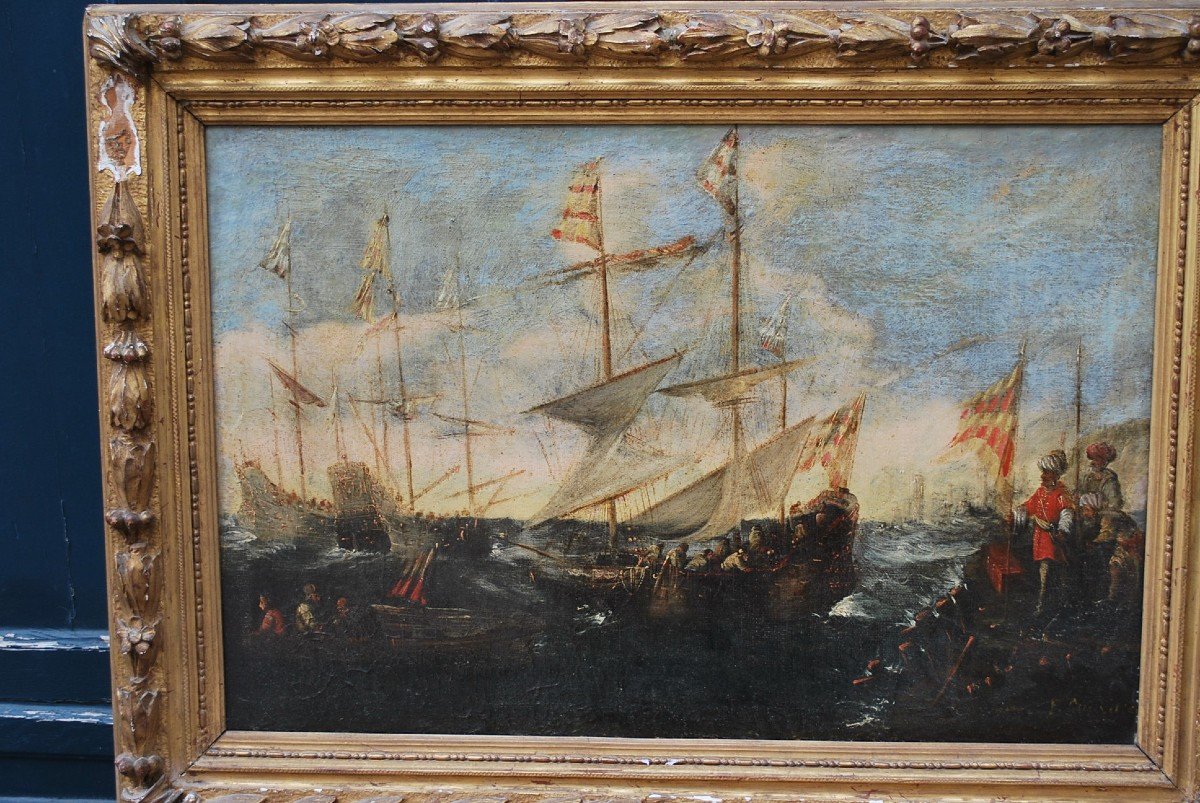 Combat Naval , Huile Sur Toile école Italienne Début XVIII-photo-2