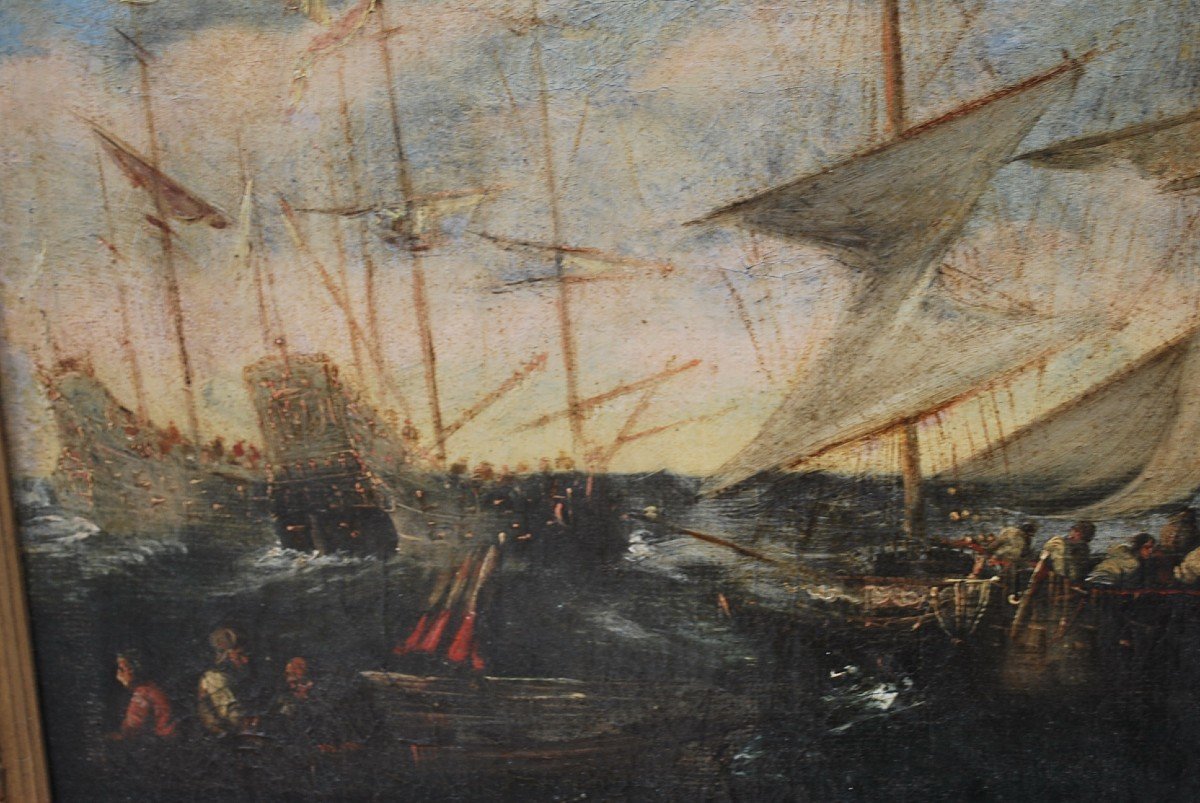 Combat Naval , Huile Sur Toile école Italienne Début XVIII-photo-6