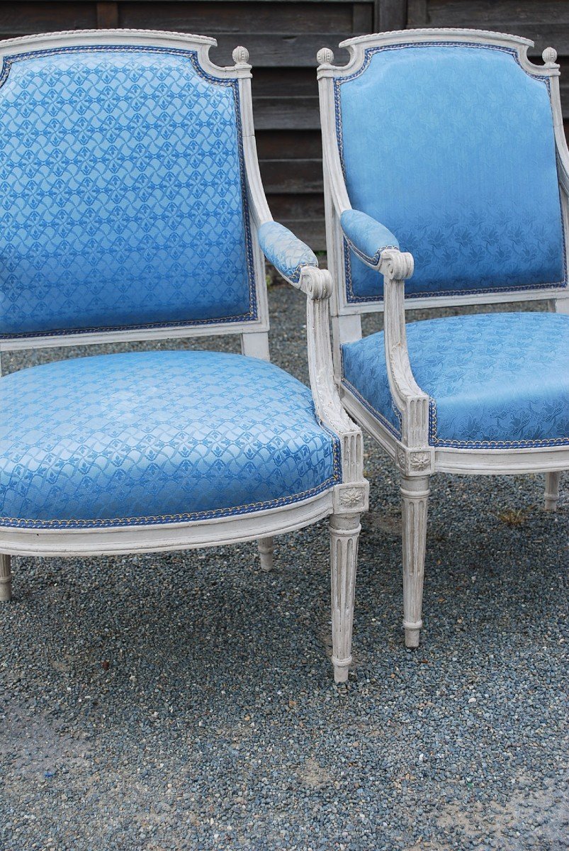 Pair Of Flat Back Armchairs Stamped By Dupain Louis XVI Period-photo-2