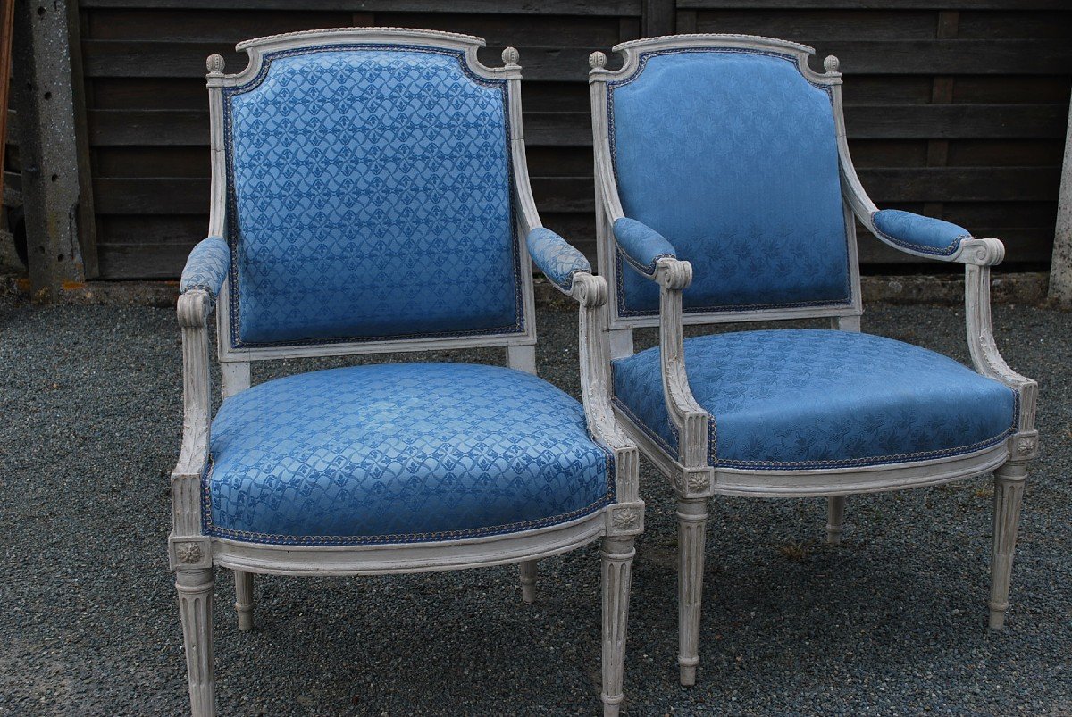 Pair Of Flat Back Armchairs Stamped By Dupain Louis XVI Period-photo-4