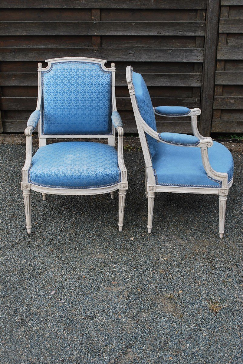 Pair Of Flat Back Armchairs Stamped By Dupain Louis XVI Period-photo-2