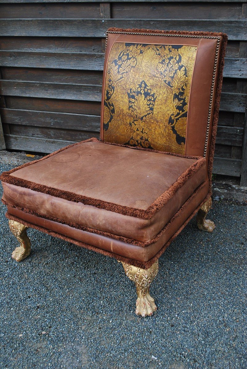 Important Low Chair In Leather And Golden Wood -photo-1