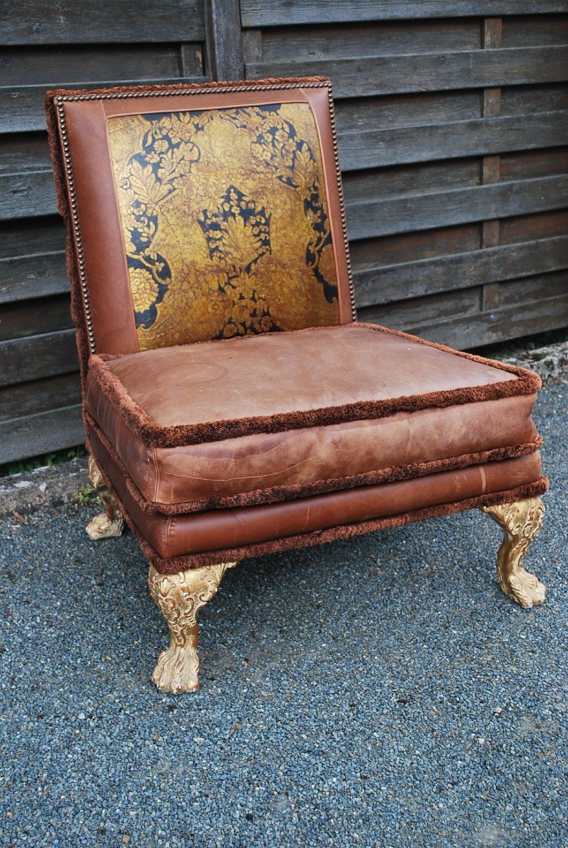 Important Low Chair In Leather And Golden Wood 