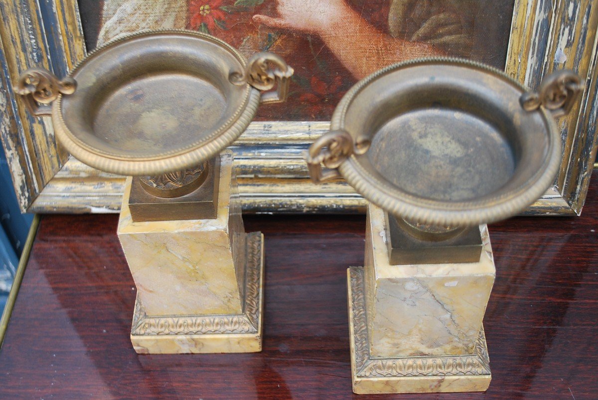 Pair Of Bronze And Marble Empty Pocket Cups From The 19th Century Restoration Period-photo-4